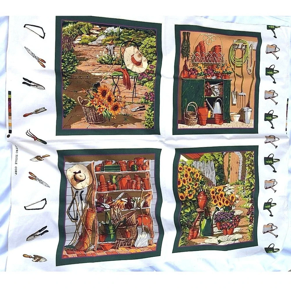 Astro Textile Corp Garden Sunflowers Potting Shed Cotton Fabric Panel 4 Scenes